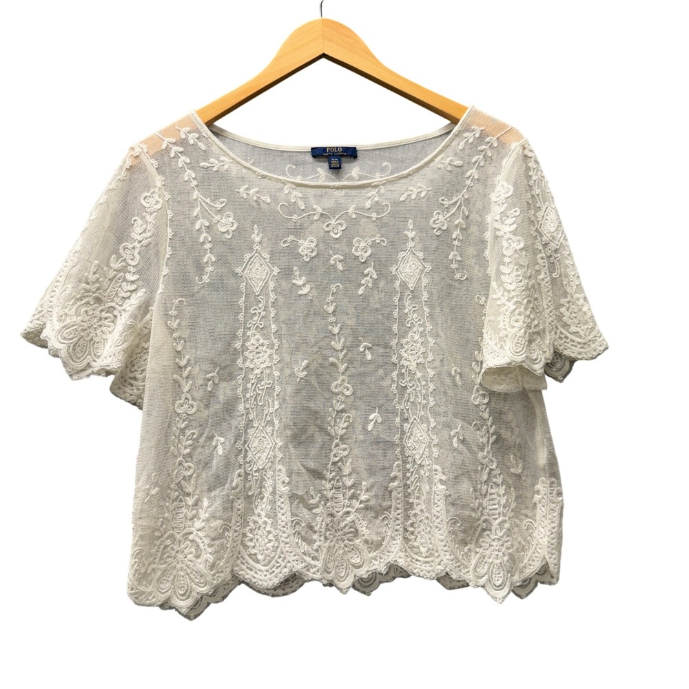 Polo Ralph Lauren Lace Top Womens M Sheer Embroidered Scalloped White Boho Crop